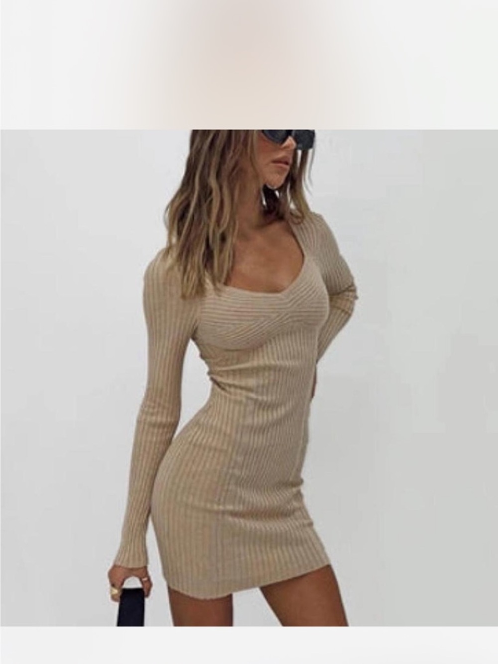 Princess Polly Beige Ribbed Scoop-Neck Mini Dress